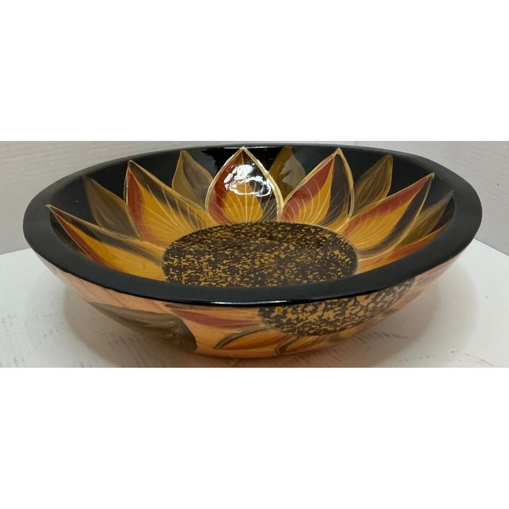 Vintage Sunflower Decorative Bowl Hand Painted Floral Glossy Black 11 Inch